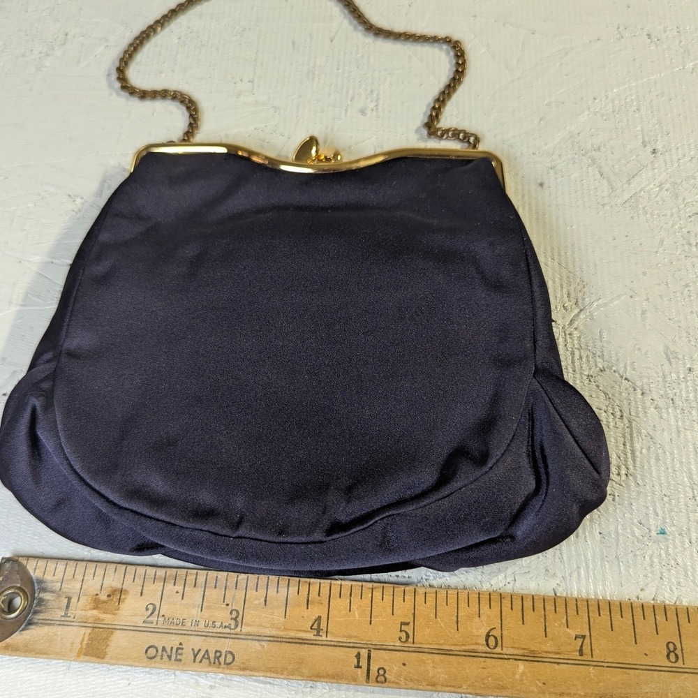 Vintage Rosenfeld Satin Evening Bag OS Navy Blue Gold Chain Clutch - Picture 4 of 12